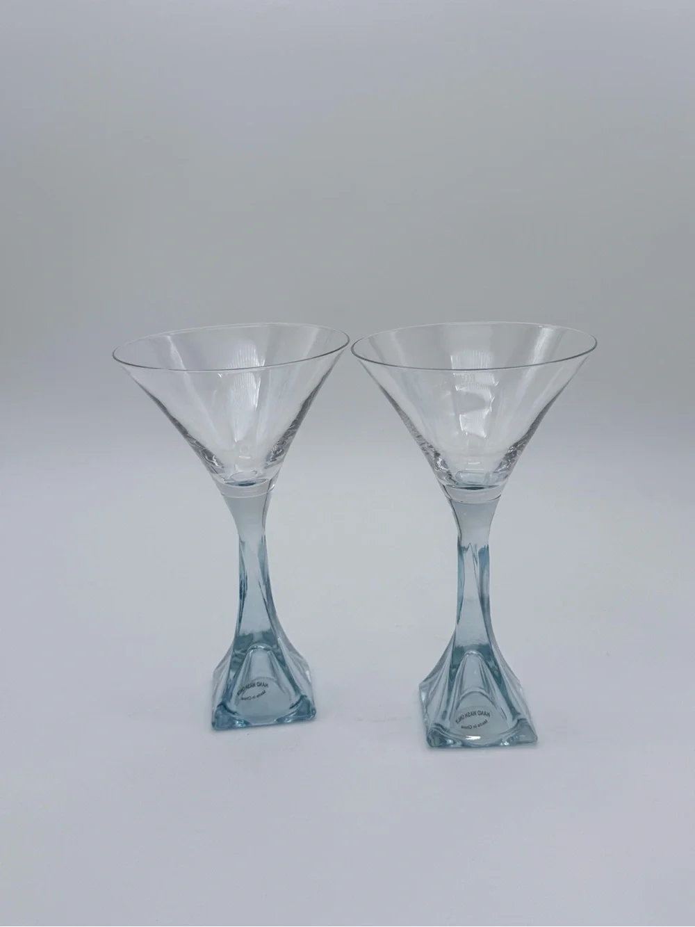 Vtg. LTD Bombay Blue Sapphire Mariner Martini Glasses Set W/Built In Shot Glass
